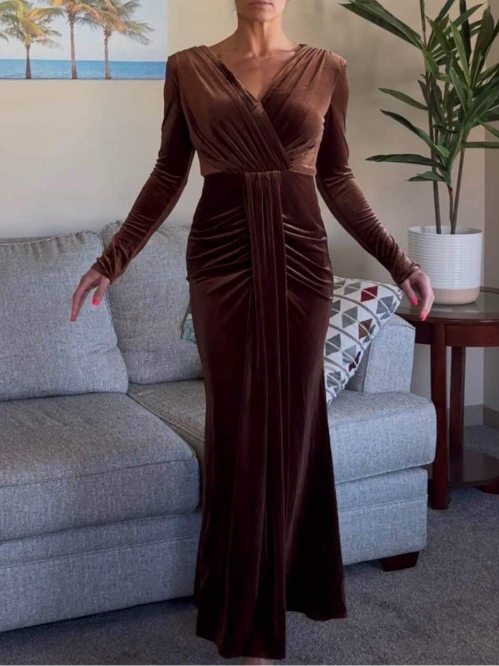 Elegant Brown Velvet Long-Sleeve Wrap Gown